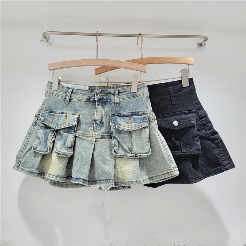 Age-reducing pocket Denim small skirt women's small hot girl pleated skirt retro high waist anti-exposure A- line skirt