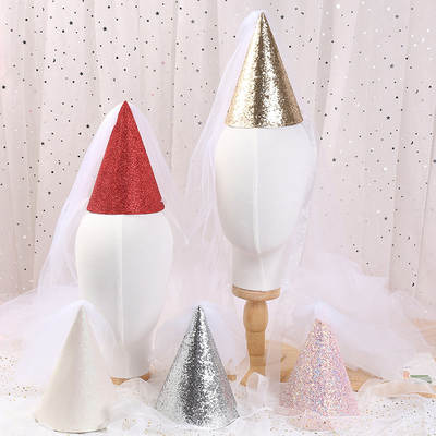 Cross-border birthday party glitter pointed hat with veil birthday hat baby birthday headwear headband spot wholesale