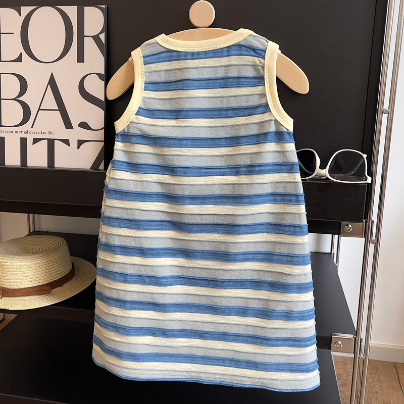 2024 Korean style new girls vest dress striped summer thin sleeveless loose loose dress for small and medium-sized children trendy