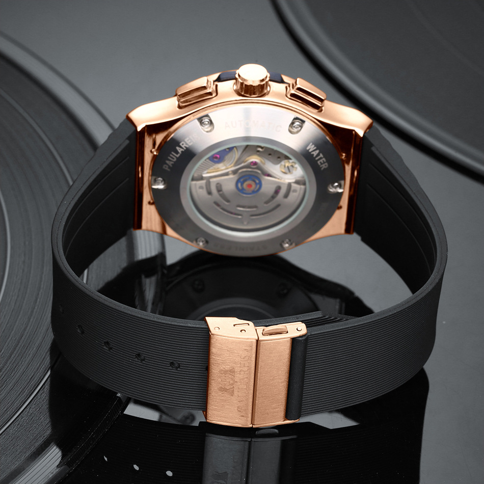  Automatic Mechanical Rubber Belt Multifunctional Running Seconds Chronograph Rose Gold Quartz Men's Watch_voghion.com