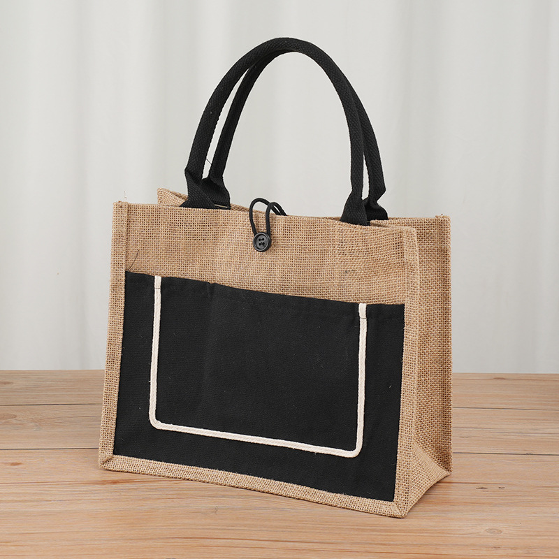 In stock wholesale jute bag canvas pocket linen bag Muji hemp bag DIY Internet celebrity linen bag with Button