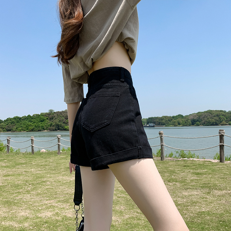 Black Curled Denim Shorts Women's 2023 Summer New High Waist Loose Slimming Spice Girl A- Line Wide Leg Hot Pants