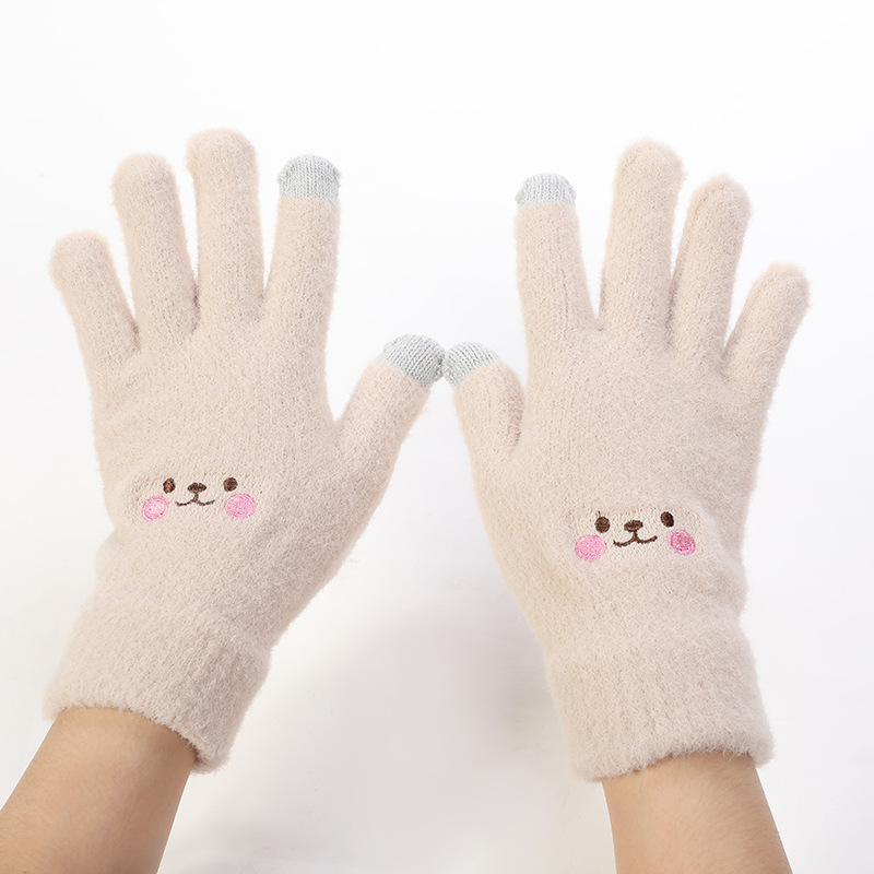 Winter gloves winter warm cute women's smiley face fleece-lined thickened knitted Korean wool plush gloves wholesale