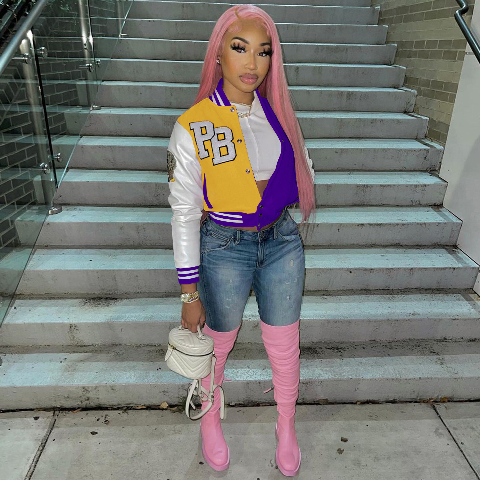 10080 European and American Women's Fashion Casual Women's Color Block Jacket Baseball Jacket Coat