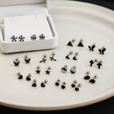 Stainless Steel Geometric Black Series Earrings Cross All-match Simple Earrings Love Dropping Oil Personalized Earrings