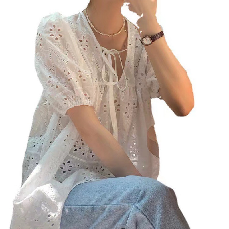 French style white design hollow lace top women's summer versatile loose short sleeve shirt puff sleeve shirt