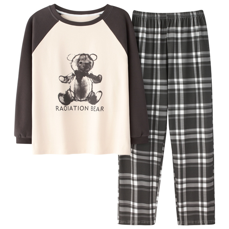 2023 Spring and Autumn Couple Pajamas Women's Pure Cotton Tight Sirospun Cartoon Bear Men's Home Clothes Factory Outlet