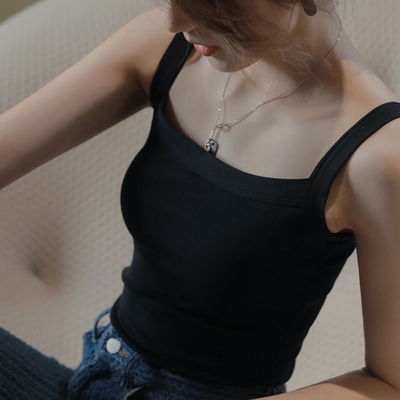 Camisole women's tassel round neck sexy white large round neck regular anti-exposure vest