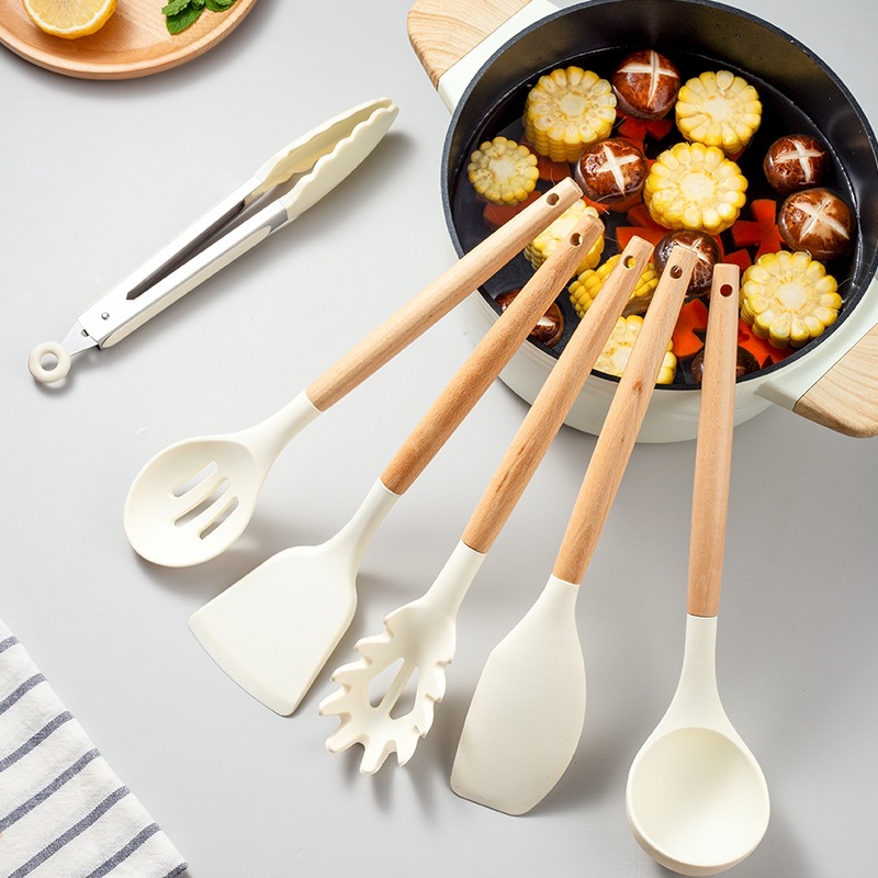 Wooden handle white silicone kitchenware suit 12-piece set Amazon kitchenware spatula Nordic ins style kitchen tools