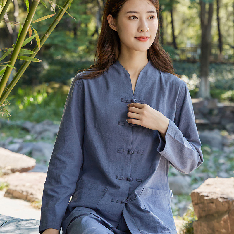 Add velvet padded Zen tea clothing cotton and linen health technician clothing Han clothing moxibustion overalls tea ceremony clothing a generation of hair