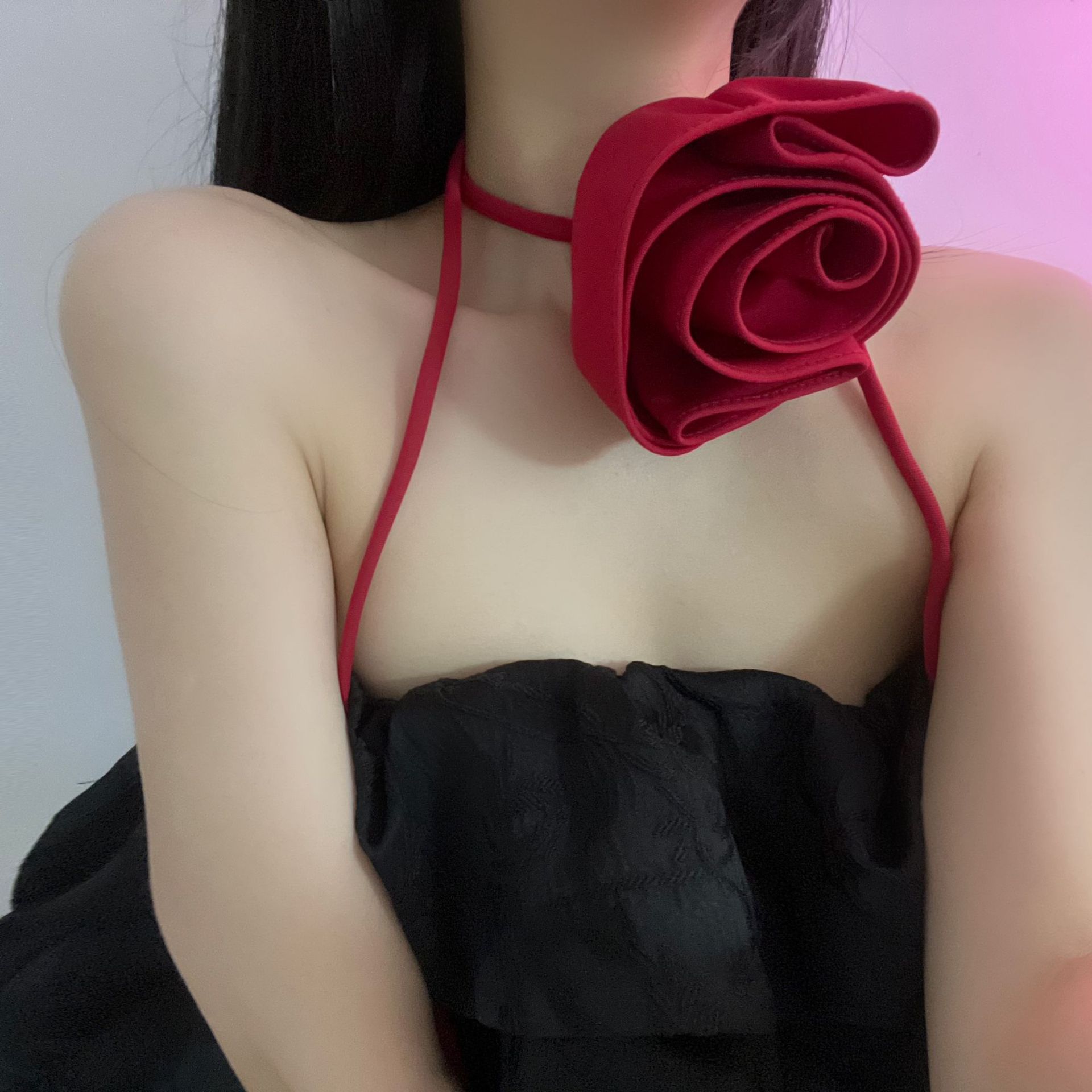 2023新款系脖立體玫瑰花朵裝飾領結項鍊女生高級頸鏈服裝配飾