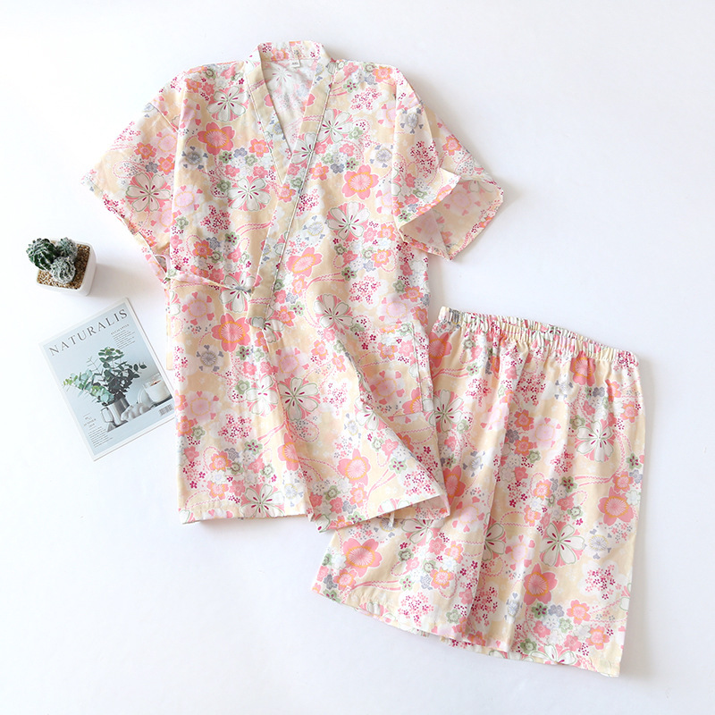 New Style Pajamas Women's Summer Cotton Gauze Japanese-style Kimono Girl's Thin Short-sleeved Shorts Home Clothes Suit Very Plain
