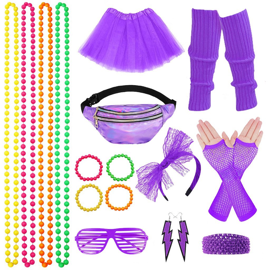 1980 s Accessories Crossbody Laser Waist Bag Chest Bag Neon Necklace Bracelet Skirt Leg Lace Headband Set