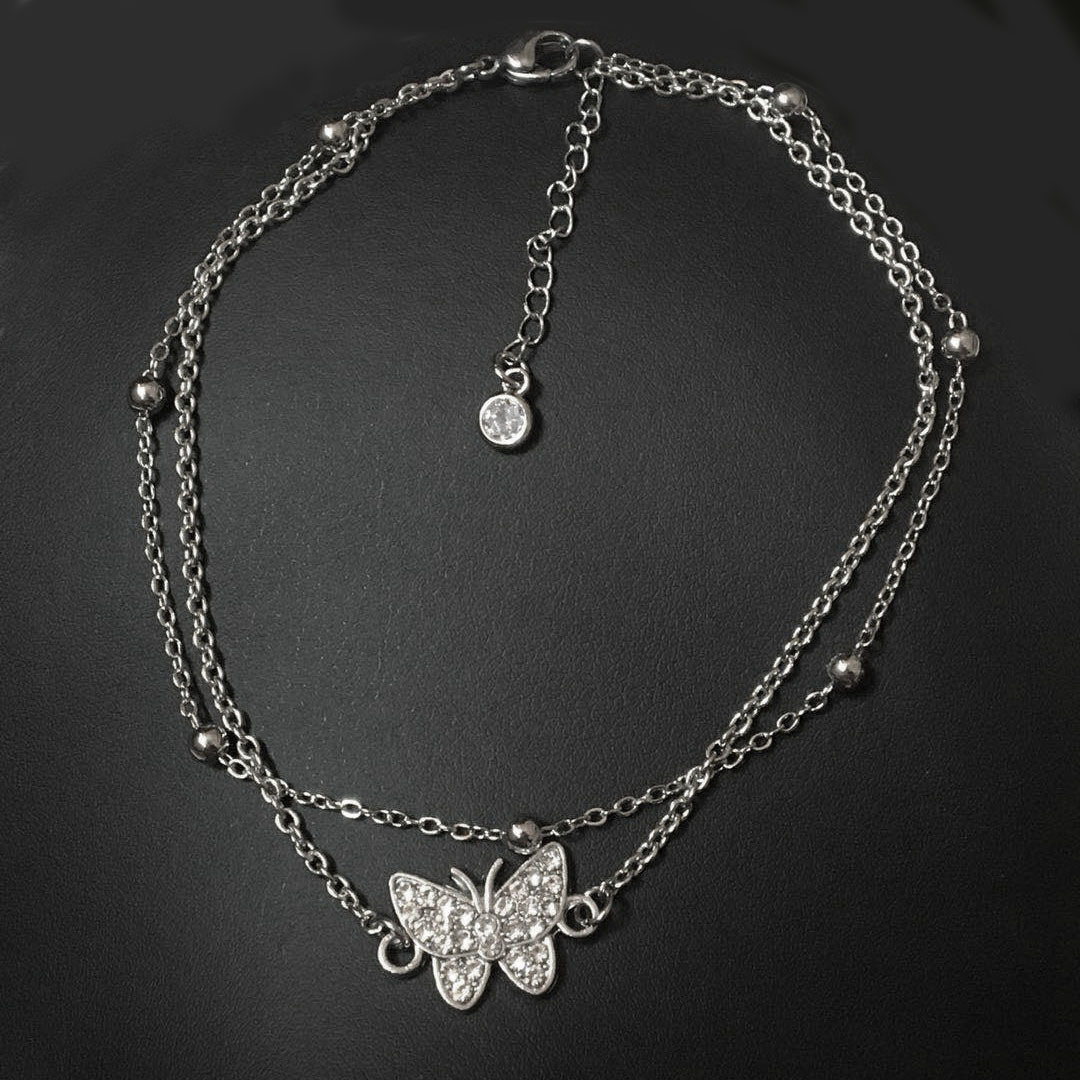 Europe and the United States cross-border Joker ankle flash diamond butterfly double anklet zircon tail pendant silver double anklet manufacturers wholesale