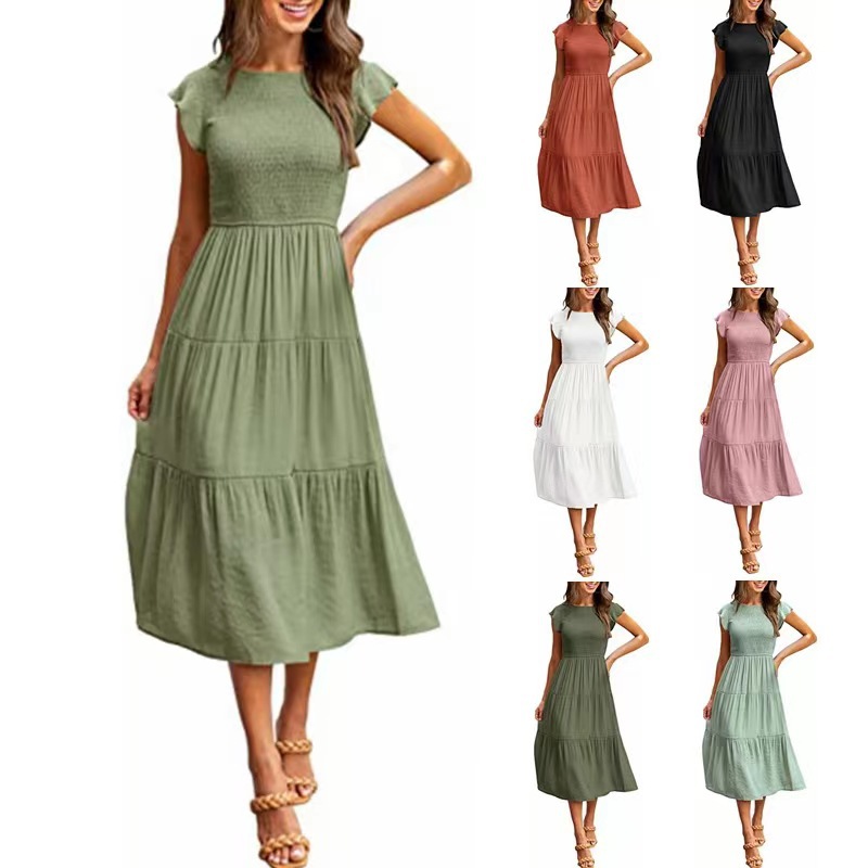 2022 Europe and the United States foreign trade cross-border women's clothing Amazon explosive flying sleeve pleated layered short sleeve large pendulum dress