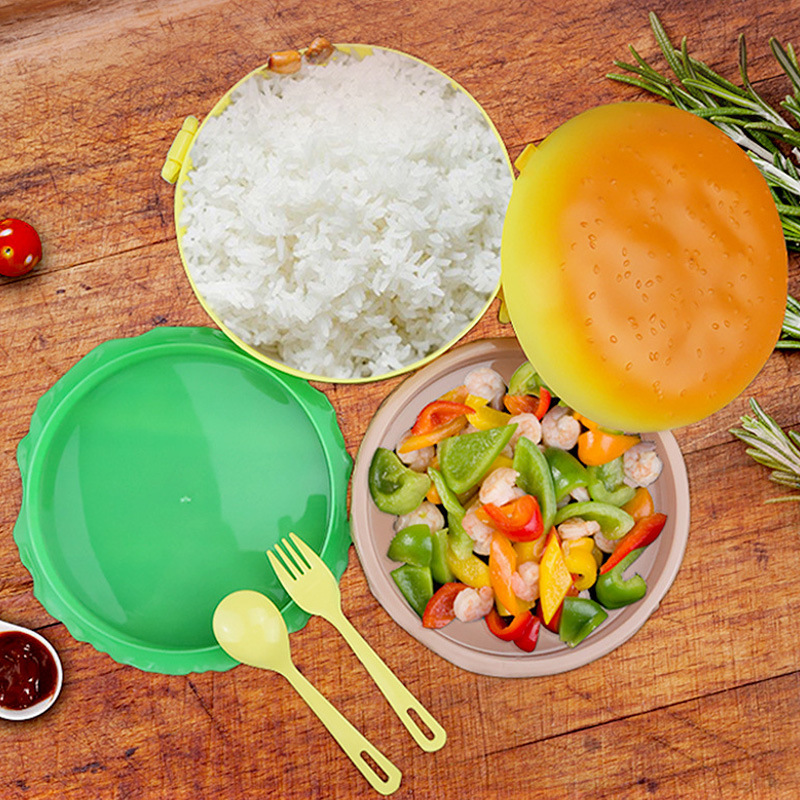 Cross-border cute double-layer hamburger insulated lunch box 304 food grade student children lunch box microwave lunch box