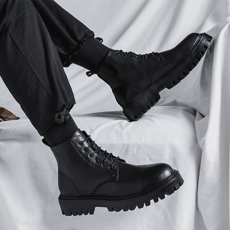 Internet Popular Martin Boots Men's High-top Trendy Spring and Autumn British Style Retro Mid-top Leather Shoes Heightened Black Leather Boots