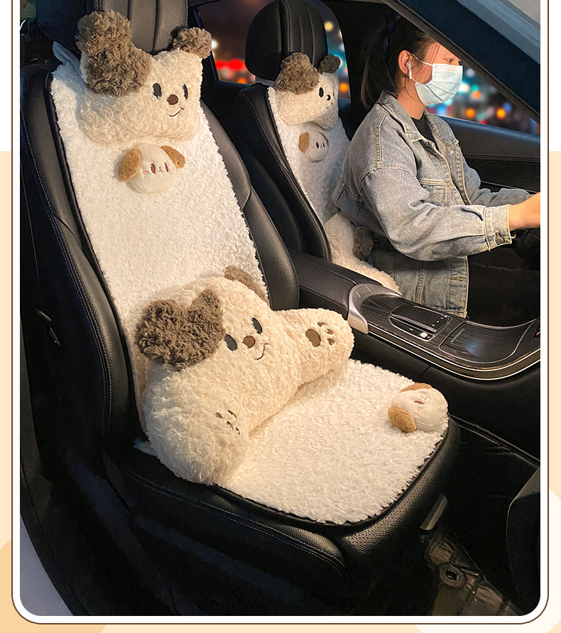 Almohada para el cuello y el reposacabezas del automóvil, un par de almohadas para conductora femenina, linda almohada para el automóvil con forma de cachorro, almohada para el cuello y la cintura del asiento del automóvil_voghion.com