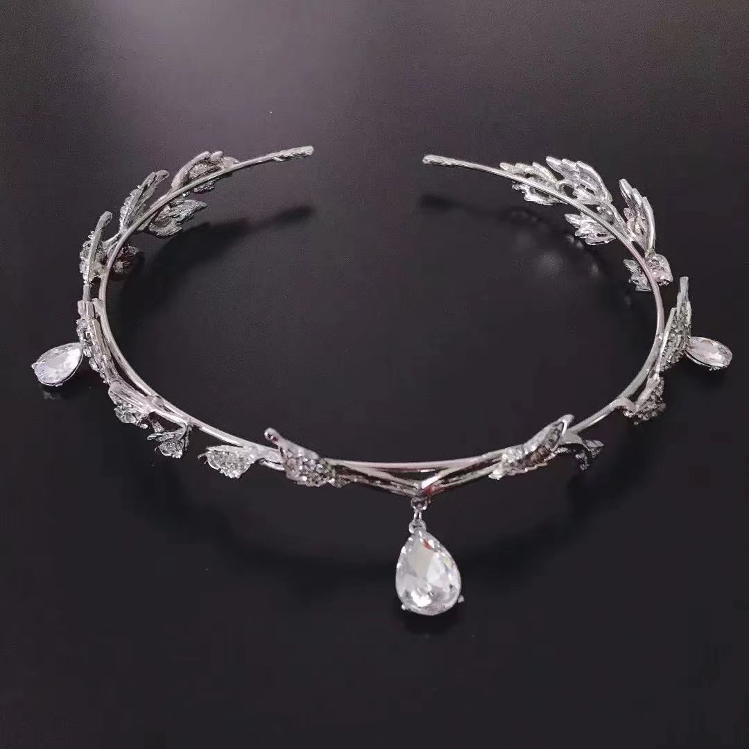 Crown Mori Leaves Water Drops Full Diamond Bridal Headwear Eyebrow Pendant Rhinestone Wedding Headwear Full Diamond Crown Headband