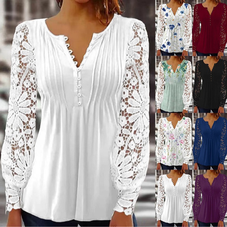 2023 Cross-border European and American Spring and Autumn Fashion New Women's Lace Sleeve Pleated Solid Color Button T-shirt Base Shirt