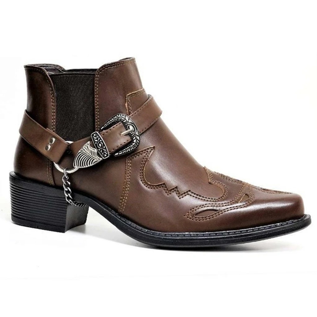 2021 New Men's Short Boots Fashion Personalized Belt Buckle Thick Heel Pointed 38-48 Men's Boots