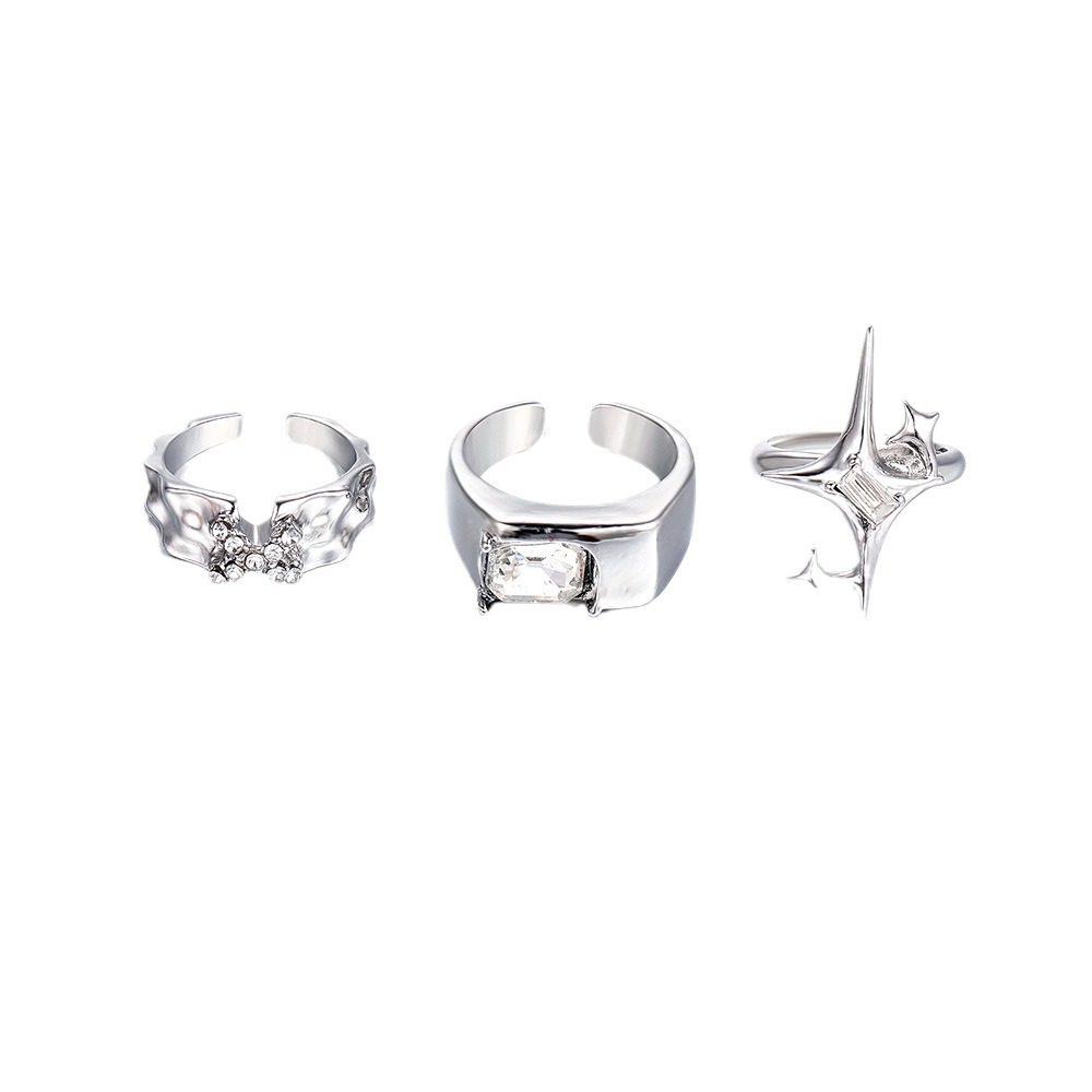 Cross-border Hot-selling Cool Style Star Mount Inlaid Zircon Opening Ring Three-piece Set Women's Personality Light Luxury Elegant Jewelry