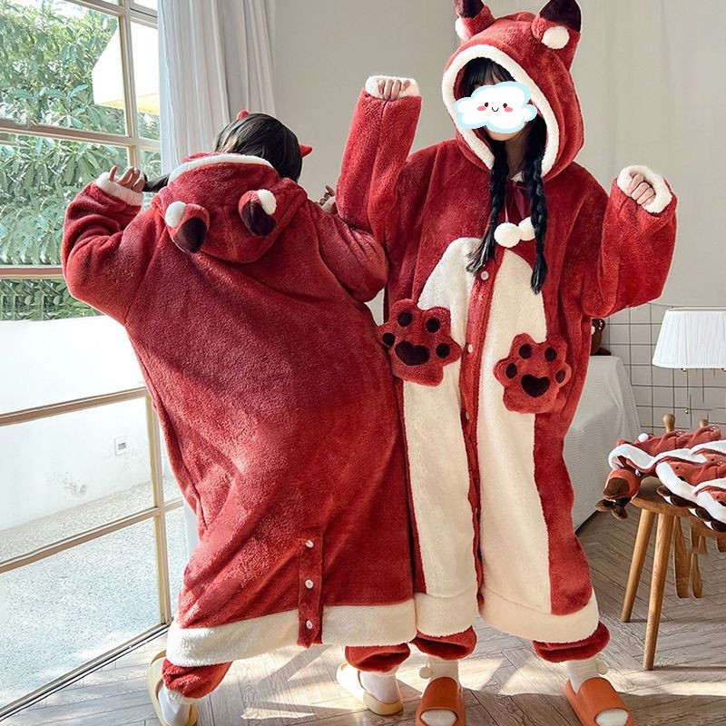 Internet Celebrity Autumn and Winter Warm Little Fox Nightgown Women's Cute Girl's Velvet Thickened Loose Student's Long Pajamas for Women