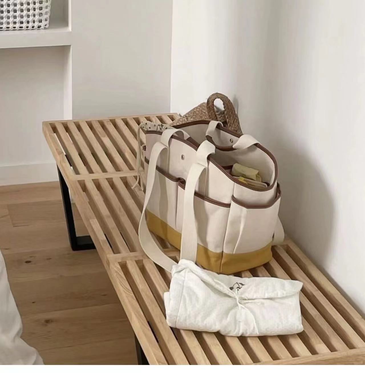 Korean-style Niche Patchwork Canvas Bag Large Capacity Multi-compartment Portable Mother and Baby Mummy Bag Practical Commuter Tote Bag_voghion.com