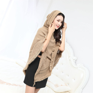 Autumn and winter 2023 cross-border women's hooded solid color hollow tassel plus size MM loose slim cape shawl in stock supply