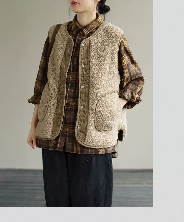 Gilet in pelliccia di agnello bifacciale per donna autunno e inverno Nuovo gilet retrò artistico ampio in velluto a coste cappotto positivo e negativo cappotto imbottito in cotone_voghion.com