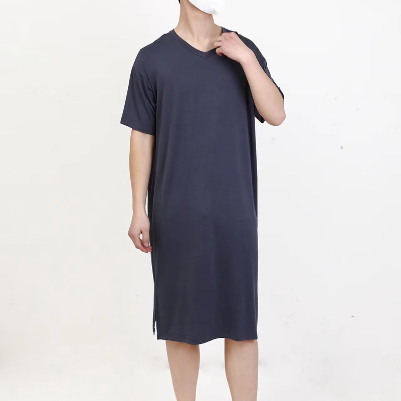 Vasaras jauna modāla vīriešu naktskrekla garas ceļgalu īsas piedurknes V veida kakla izgriezums vidēji garš halāts_voghion.com