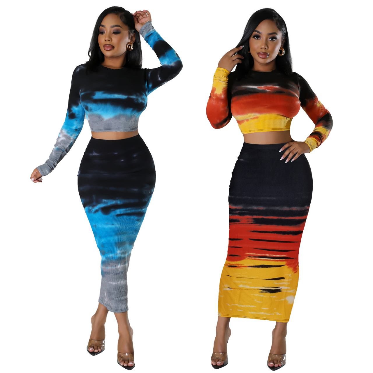 FE289 Special Price No Refund No Change European and American Women's Fashion Sexy Pit Printed Hip Skirt Two-Piece Set