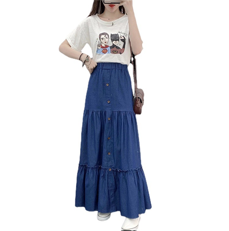 2022 spring and summer new Denim high waist all-match long skirt retro simple A- line elastic waist loose skirt