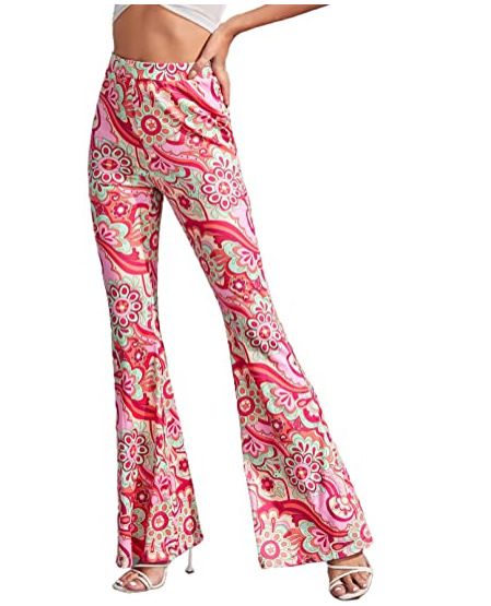 2022 AliExpress European and American women's floral printed elastic high waist flare pants