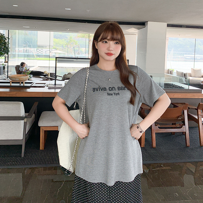 Silver Shine Loose Large-size Round Neck T-shirt Women's plus size chubby girl Letter Printed Shoulder Short-sleeved Top 63291