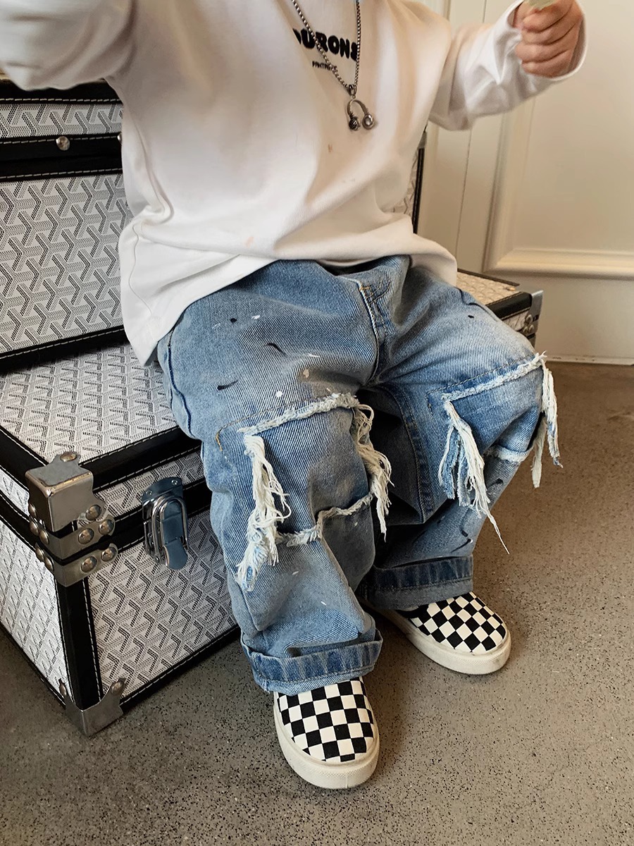 Children's Pu Shuai loose wide-leg spring and autumn jeans boys' Korean retro casual pants children's autumn pants fashion
