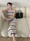 2023 striped knitted sling dress women's spicy girl elegant waist hip skirt mid-length retro sleeveless skirt