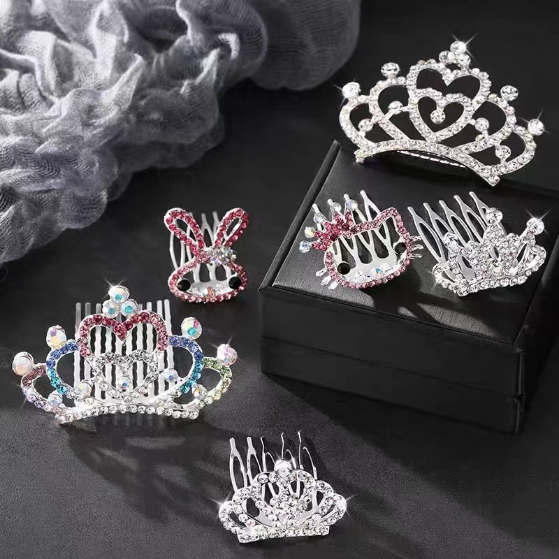 Children's Metal Hair Comb with Diamond Crown Comb Korean Style Baby Girl Princess Hair Plug Little Girl Rhinestone Hairpin Hair Accessories