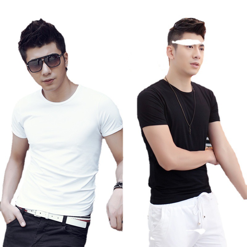 Men's Short-sleeved T-shirt Solid Color All-match Summer Half-sleeved T-shirt Trendy Black and White Round Neck Top Clothes Base Shirt Men's Clothing