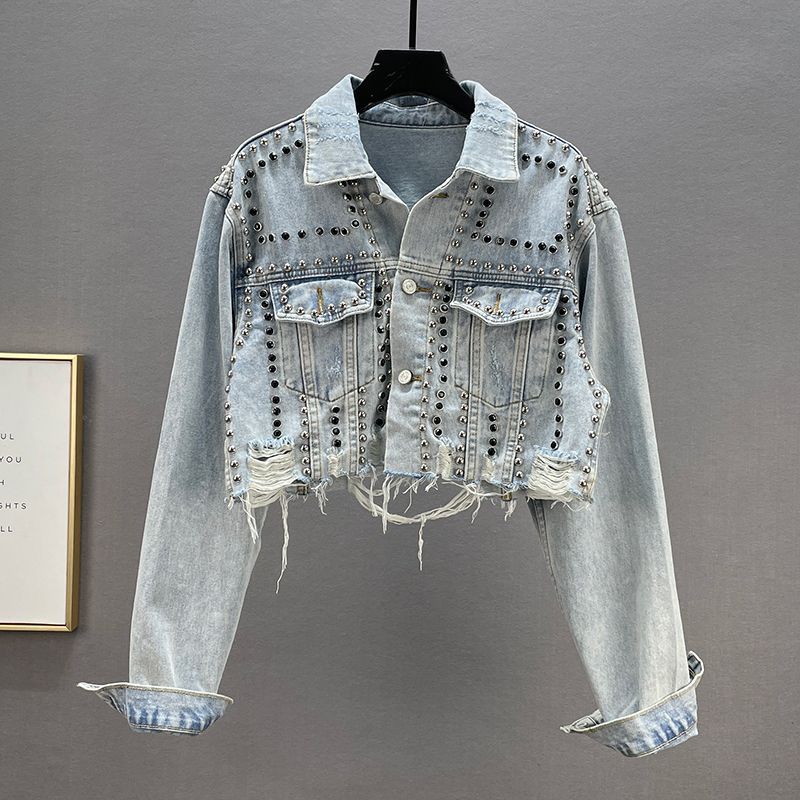 European and American New Independent Station Foreign Trade Heavy Industry Rivet Diamond Denim Jacket Women's Wear Beaded Jacket Top