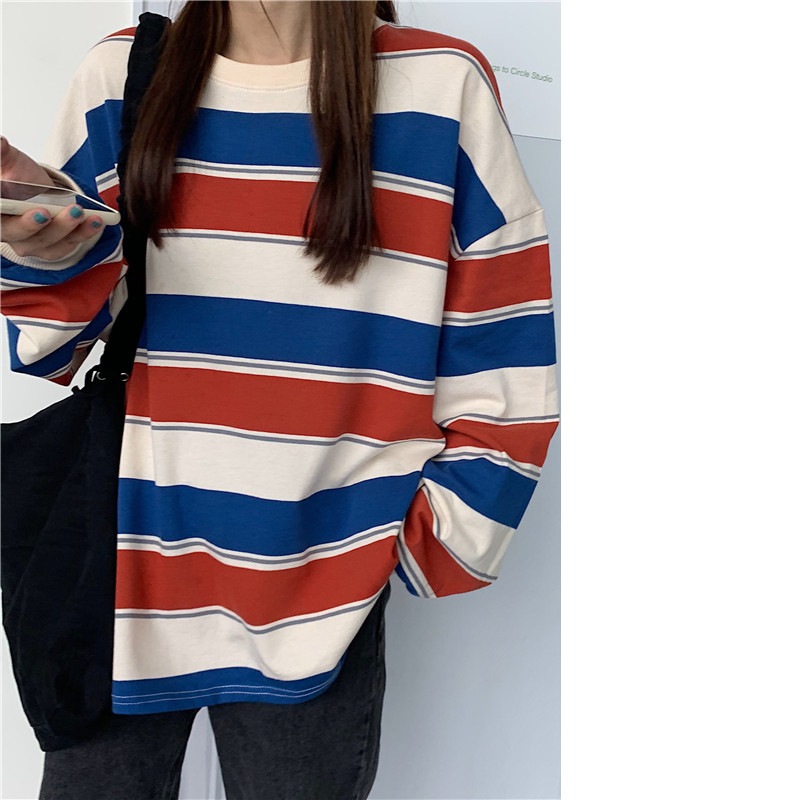 2021 Spring and Autumn New striped long-sleeved T-shirt women's fashionable ins loose top design sense plus size round neck bottoming shirt
