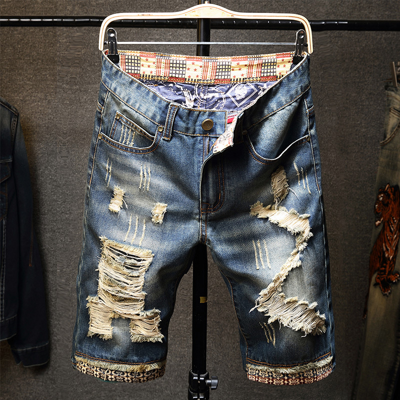 Lined Jeans Men's Ragged Five-point Beggar Pants Four Seasons Trendy Brand Personalized Men's Jeans jeansmen
