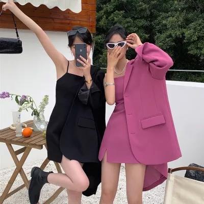 South Korea Autumn New sweet temperament suit loose coat + inner strap dress short skirt fashion suit