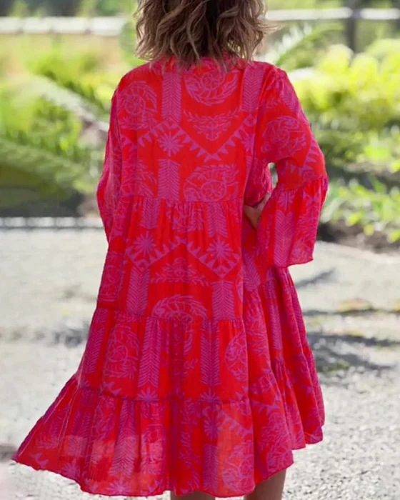 2023 Women's Cross-border Spring and Summer New eaby Amazon Explosions V-neck Horn Sleeve Cake Stitching dress