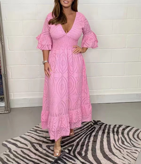 2023 Amazon wish independent station cross-border new fashion foreign trade loose high waist embroidered solid color dress