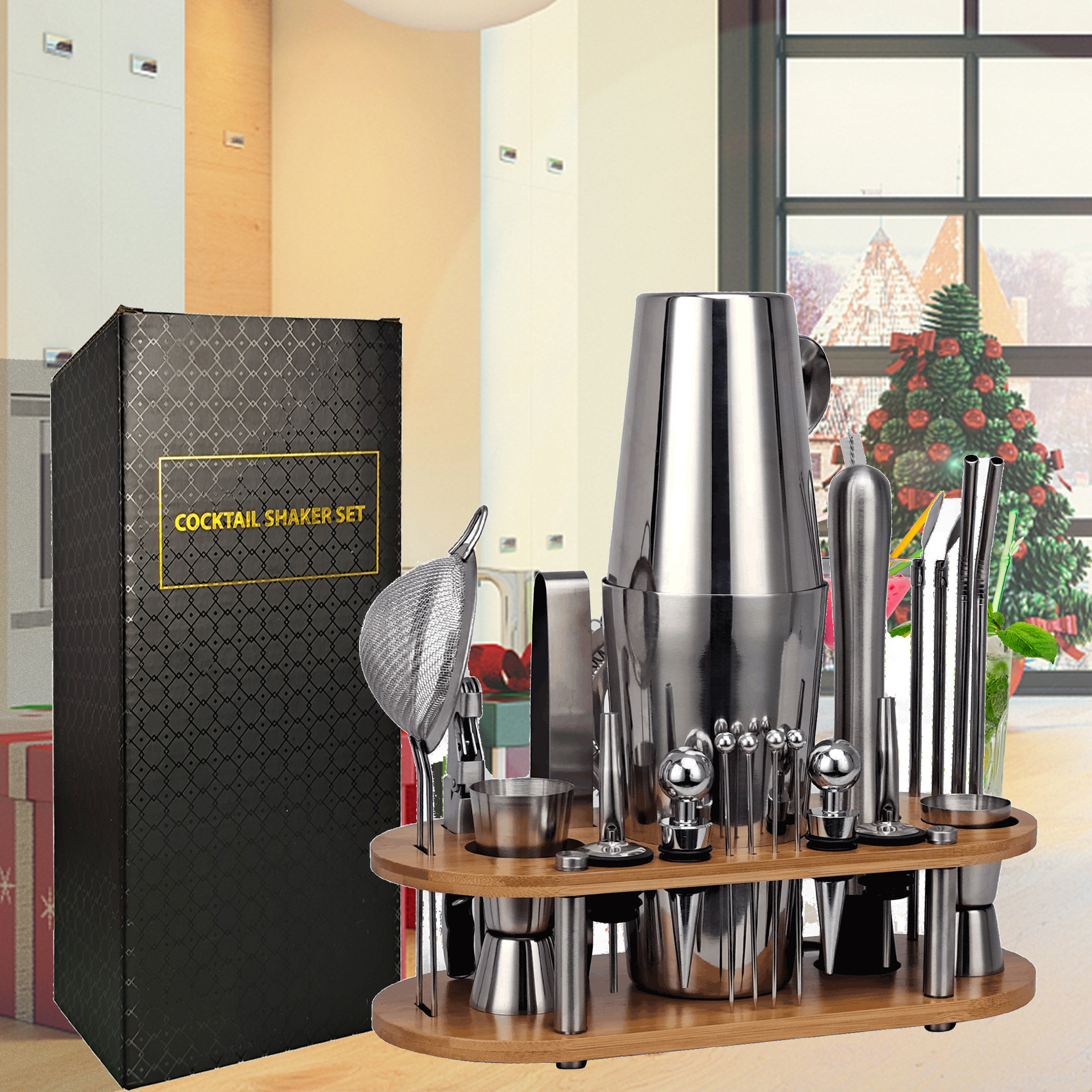 23-piece stainless steel shaker Boston cocktail suit new removable oval bamboo rack bar tools