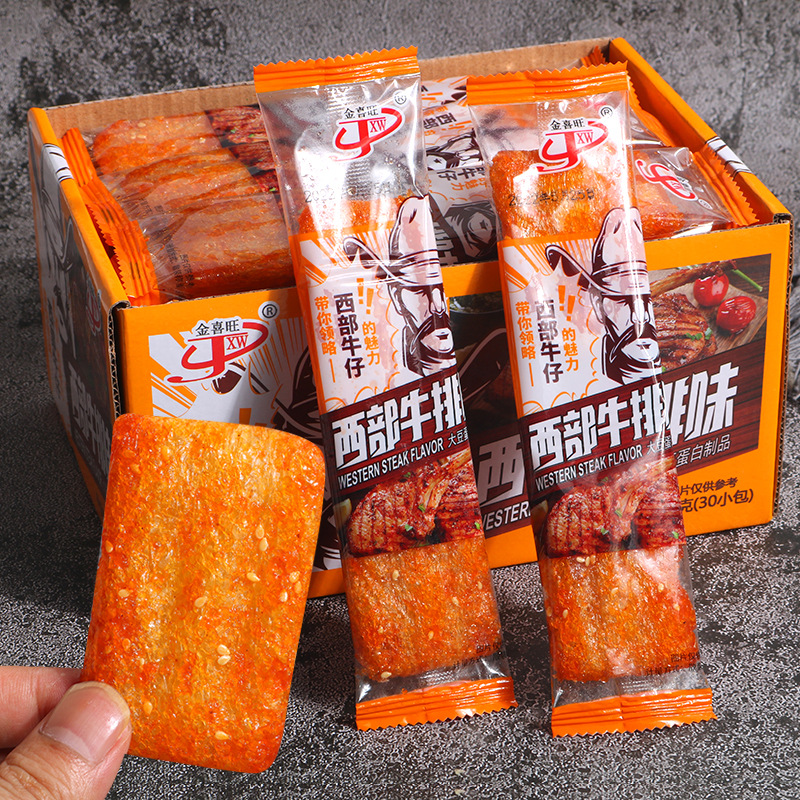 Online celebrity Western steak flavor beef dried tofu spicy strip snack childhood nostalgic casual snack vegetarian meat bean products