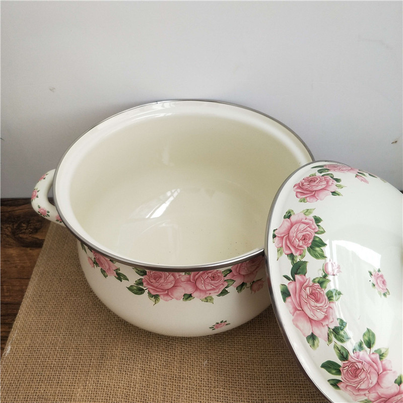 Factory direct sale thick enamel pot Pink Rose double ear flat bottom Persimmon soup pot across the import and export electromagnetic gas pot