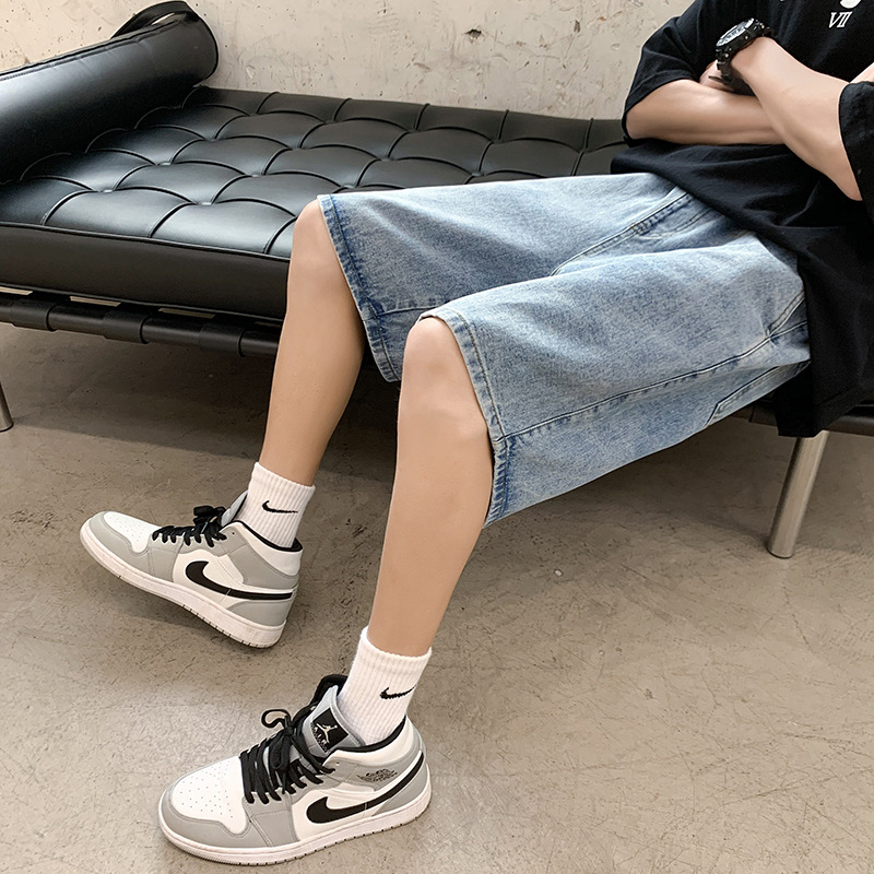 LKTM Men's# Trendy Brand Denim Shorts Men's Ins Summer New Elbow Waist Light Color Loose Straight Bearer Pants