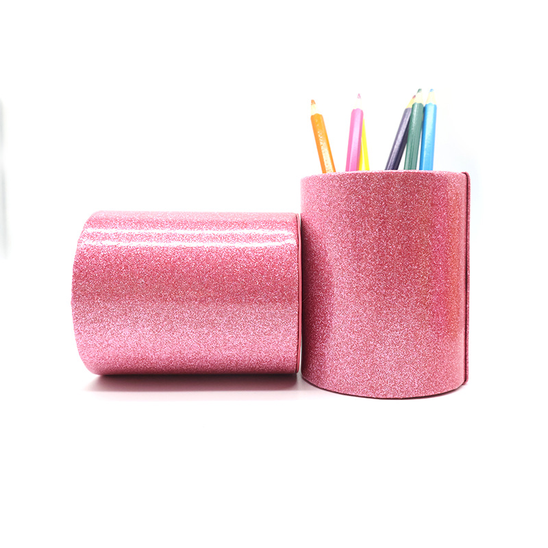 Factory supply in stock creative round PU pen holder thickened round leather desktop pen holder makeup brush storage container